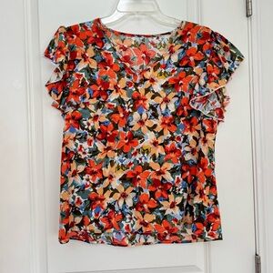 Womens XL Floral ruffle sleeve top - multicoloured